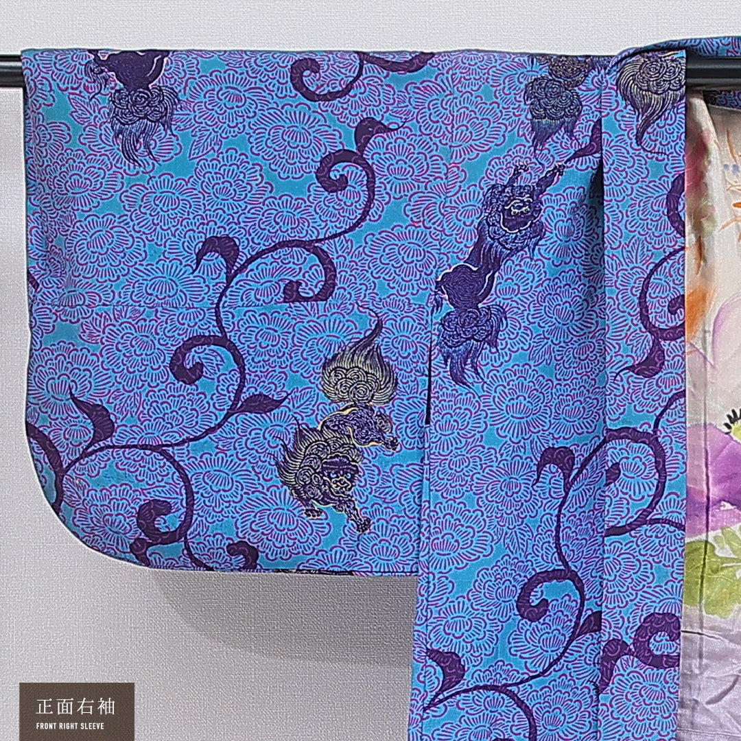 アンティーク 洗える着物 木綿の羽織 袷 身丈91cm 裄丈62cm 木綿 Bランク Sサイズ 唐草 唐獅子 青系 RP 1232-16120