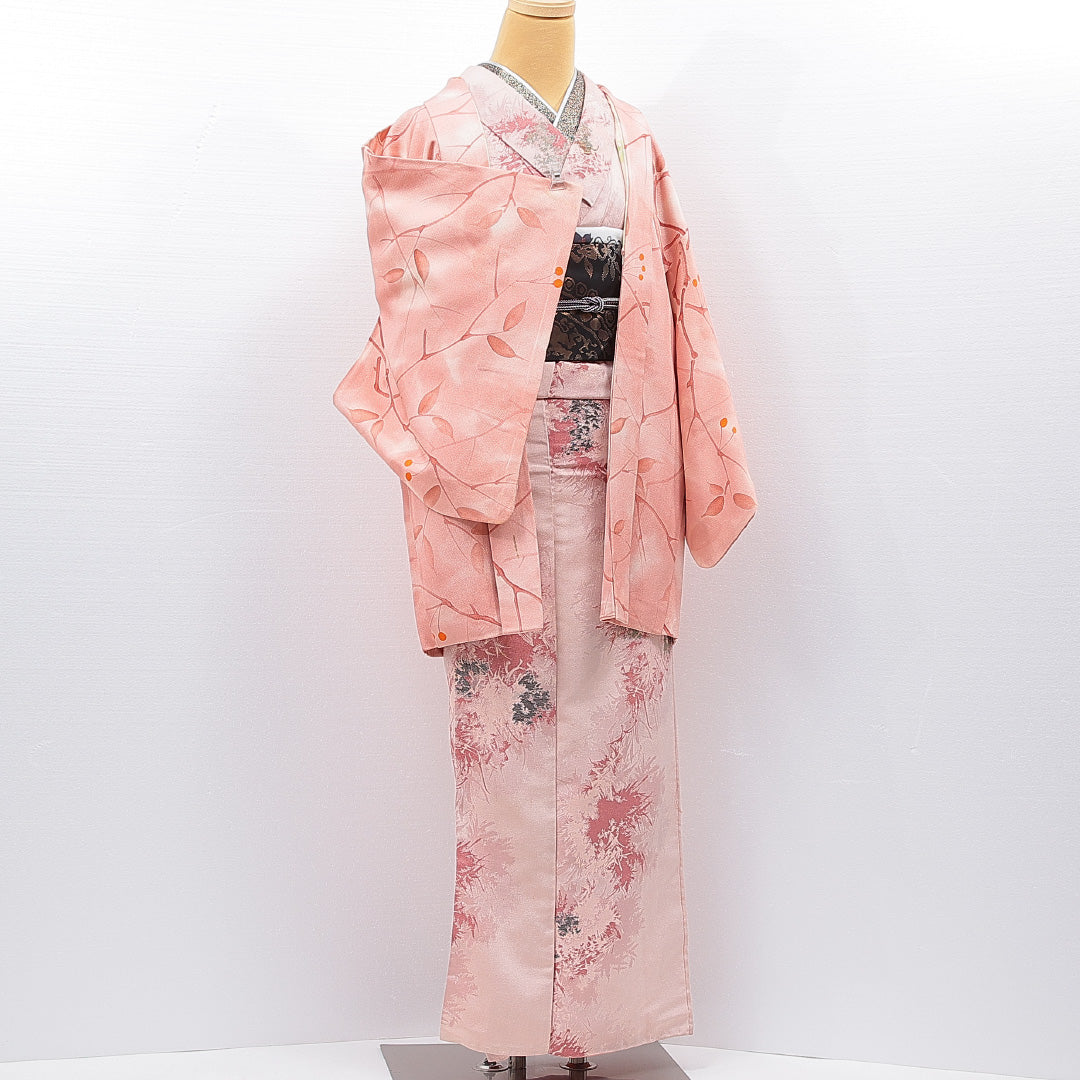 羽織 袷 身丈79cm 裄丈62cm 正絹 Cランク カジュアル Sサイズ 植物柄 ピンク系 HP 1232-15459