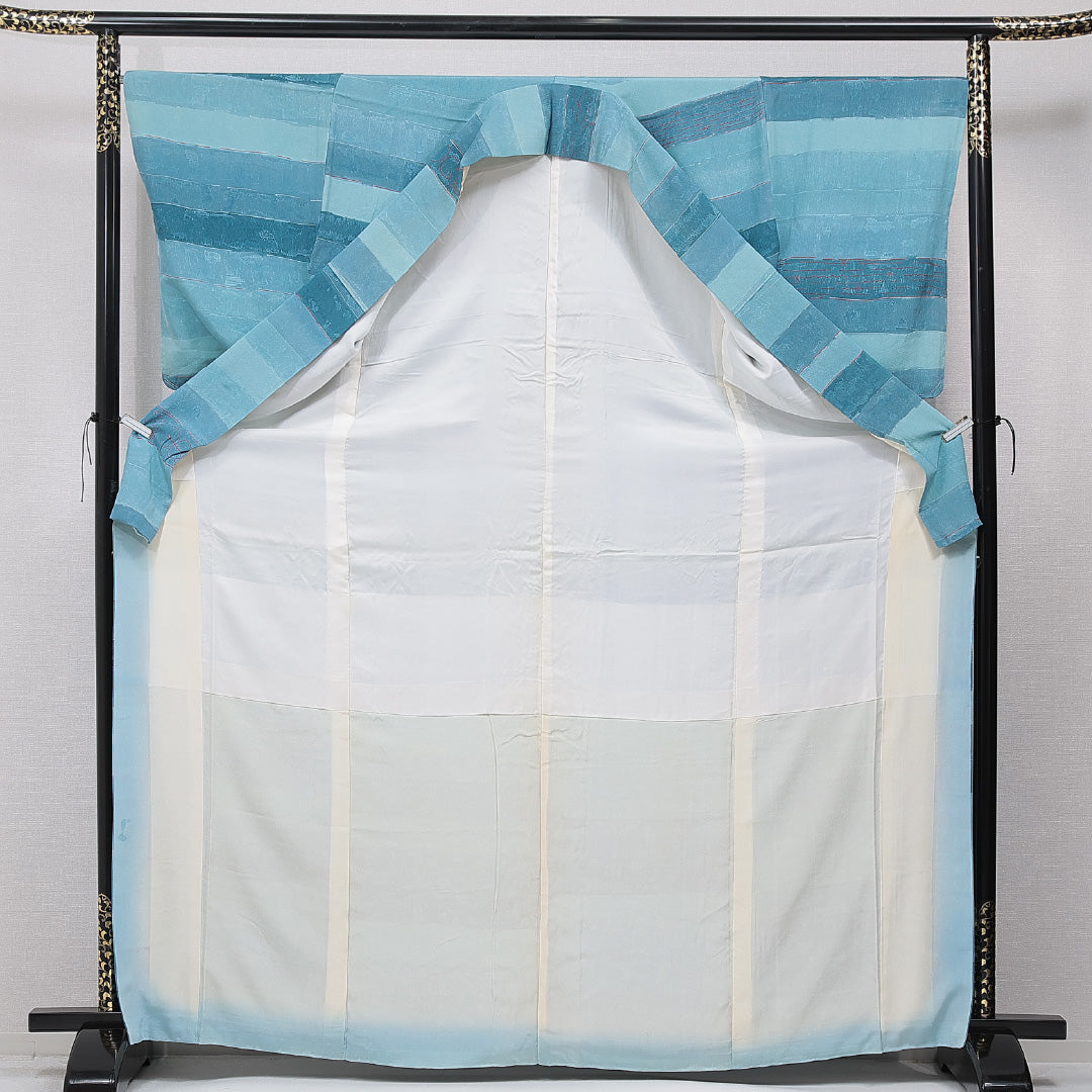 小紋 袷 身丈168cm 裄丈67cm 正絹 Cランク XLサイズ 広衿 インフォーマル 抽象柄 青系 水色系 1215-15656