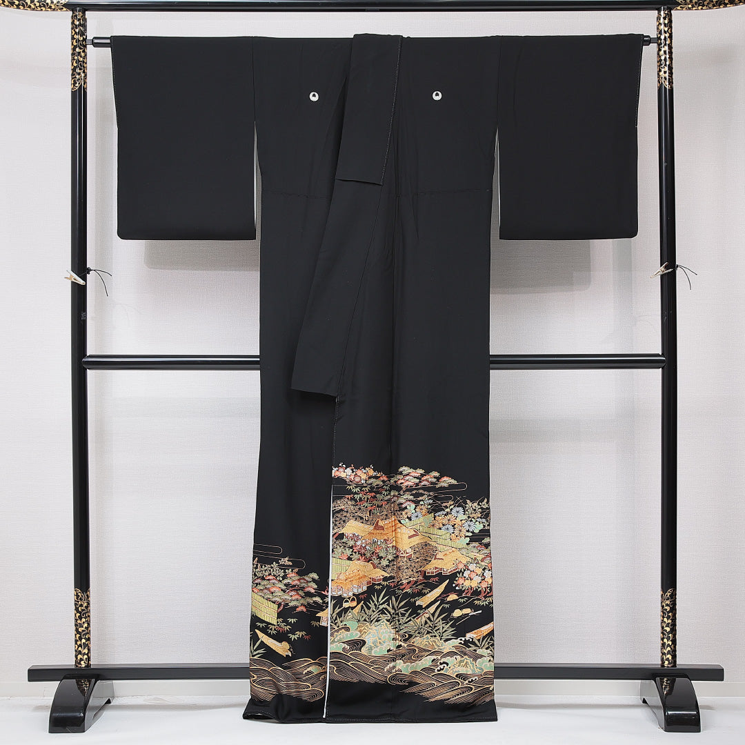 黒留袖 袷 身丈164cm 裄丈66cm 五つ紋 上がり藤 フォーマル Aランク Lサイズ 正絹 比翼仕立て 広衿 御所解 梅 松 1211-F0654