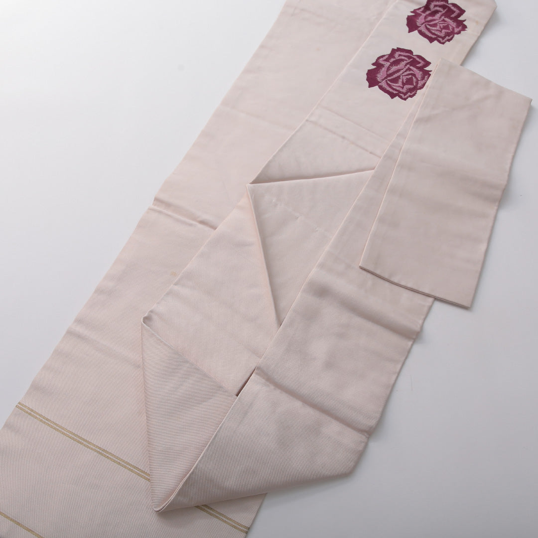 九寸名古屋帯 帯丈357cm カジュアル 名古屋仕立て ポイント柄 Dランク 正絹 綴れ織 薔薇 ピンク系 1224-03656