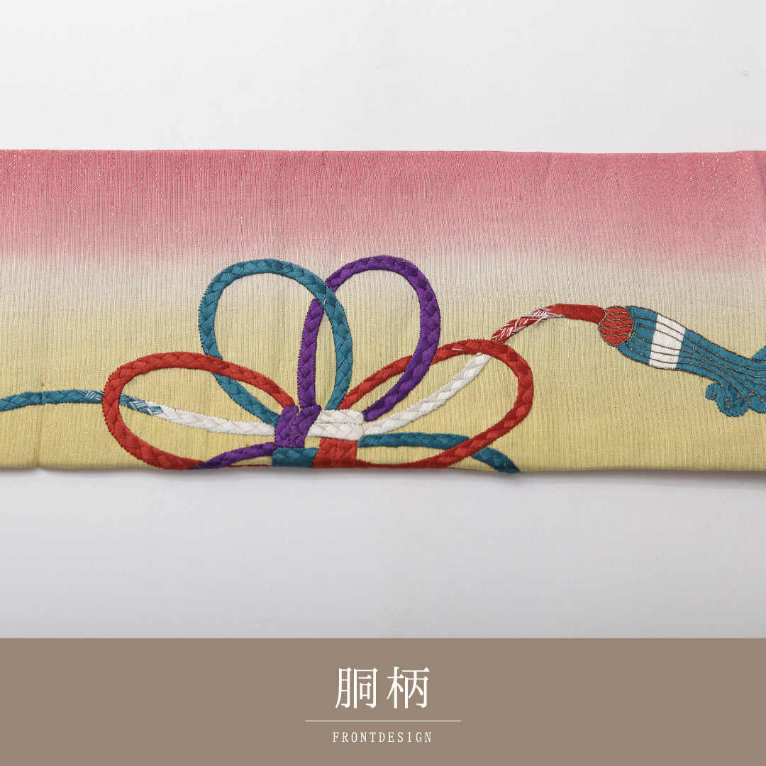 アンティーク 九寸名古屋帯 帯丈363cm 名古屋仕立て ポイント柄 Aランク 正絹 銀駒刺繍 組紐 ピンク系 黄系 1224-03710