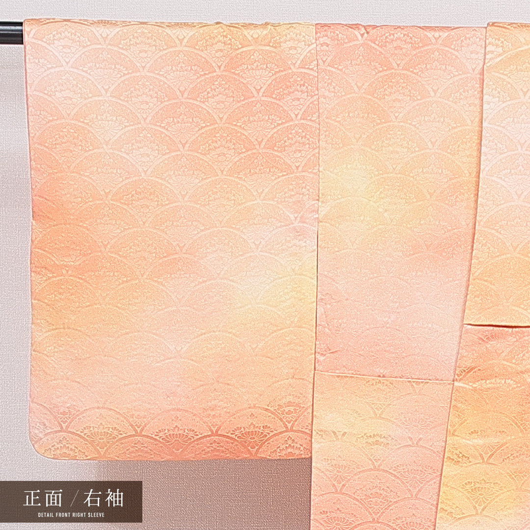 色無地 袷 身丈158cm 裄丈62cm 正絹 Bランク Mサイズ 広衿 一つ紋(五三桐) セミフォーマル 紋意匠 牡丹 ぼかし染 朱系 1214-16658