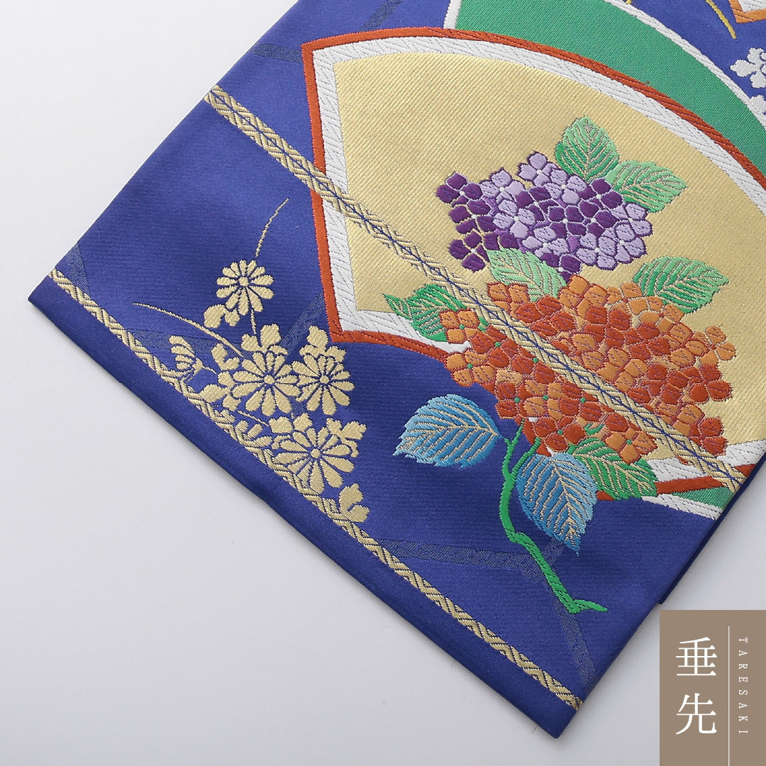 新古品 袋帯 帯丈432cm フォーマル 六通 Nランク 正絹 唐織 扇 紫陽花 しつけ糸 朱系 1223-02081