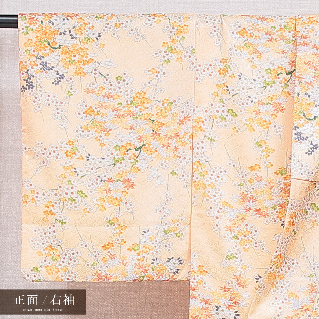 洗える着物 小紋 袷 身丈156cm 裄丈62cm ポリエステル Cランク インフォーマル 広衿 Mサイズ 梅 紅葉 朱系 LP 1221-16269