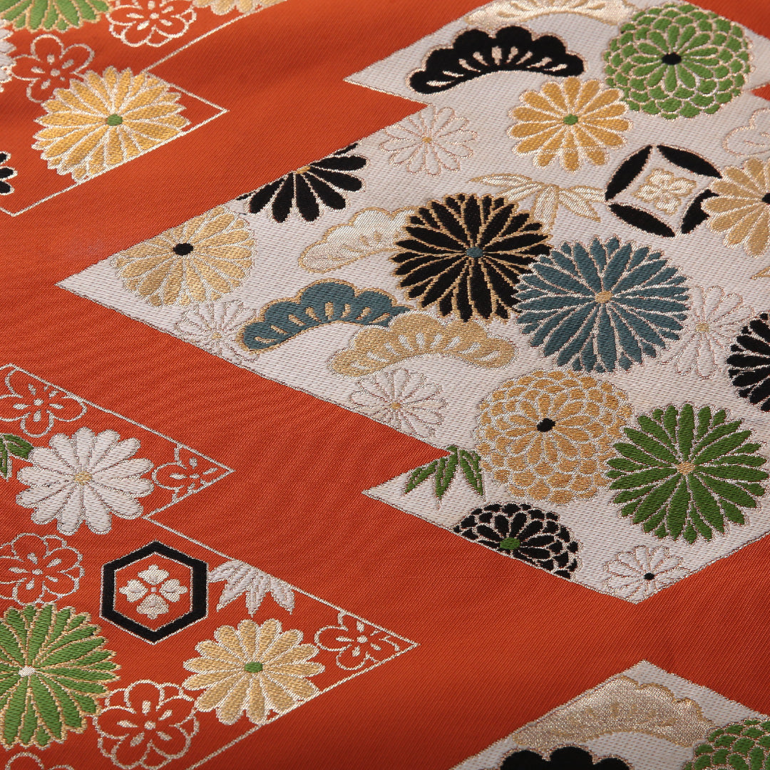 九寸名古屋帯 帯丈335cm カジュアル 名古屋仕立て 六通 Cランク 正絹 松皮菱 菊 松葉 朱系 1224-03602