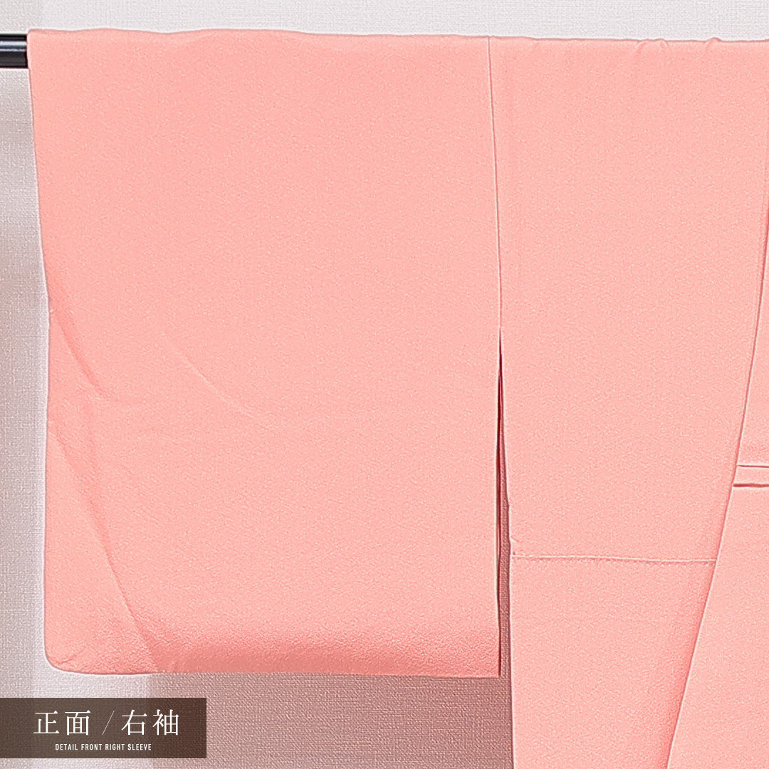 色無地 袷 身丈158cm 裄丈65cm 正絹 Aランク Mサイズ 広衿 一つ紋(剣菱) セミフォーマル 無地 朱系 1214-15652