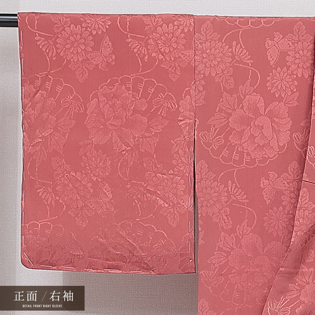 付下げ 袷 身丈150cm 裄丈62cm 正絹 Sランク 紋意匠 (花蝶) インフォーマル 広衿 Sサイズ 扇 牡丹 赤系 M4 1218-15510