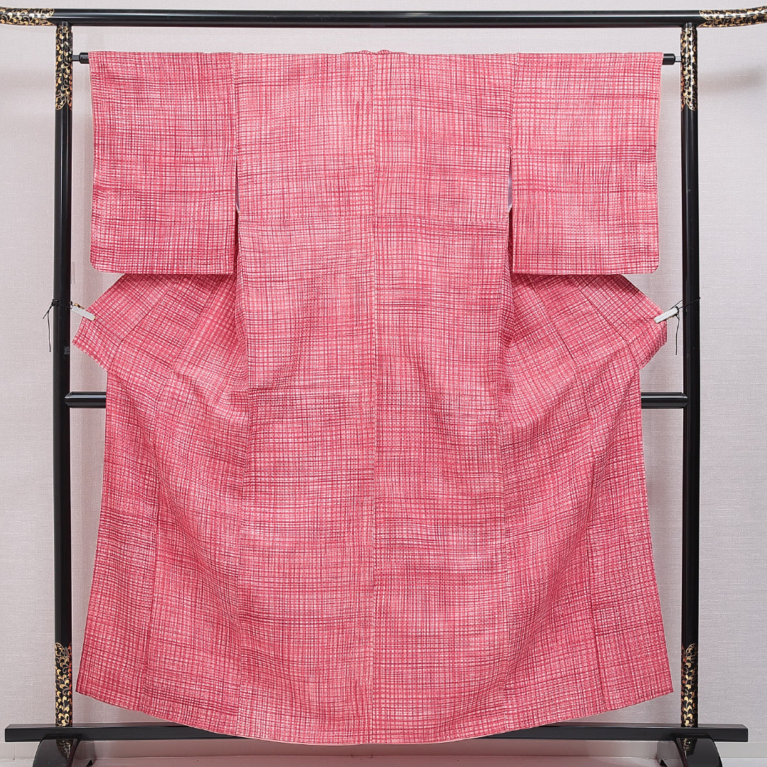 小紋 洗える着物 袷 身丈158cm 裄丈63cm ポリエステル Aランク Mサイズ 広衿 インフォーマル 格子 ピンク系 1215-16393