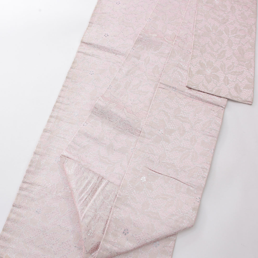 九寸名古屋帯 帯丈343cm インフォーマル 名古屋仕立て 全通 Cランク 正絹 花柄 ピンク系 1224-03992