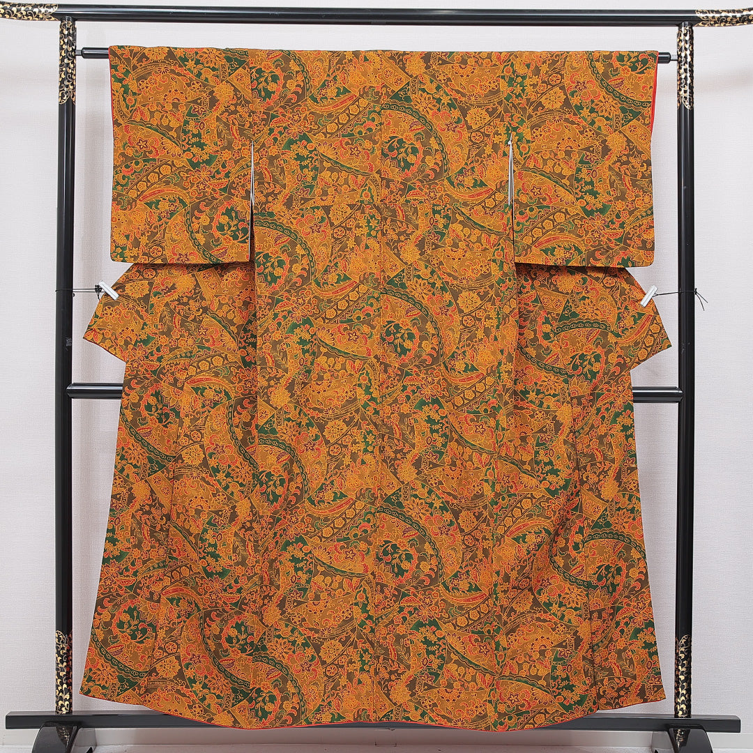 小紋 袷 身丈156cm 裄丈62cm 正絹 Dランク Mサイズ 広衿 インフォーマル ちりめん 多色系 朱系 1215-16665