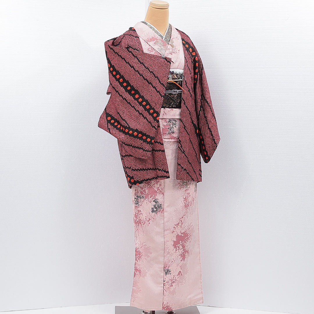 未使用品 羽織 袷 身丈78cm 裄丈61cm 正絹 Nランク カジュアル Sサイズ 紐あり 鹿の子柄 ピンク系 RP 1232-15320