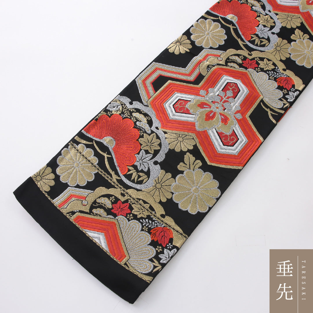 袋帯 帯丈414cm フォーマル 六通 未仕立て 帯芯なし Aランク 正絹 毘沙門亀甲 菊 黒系 1223-02229