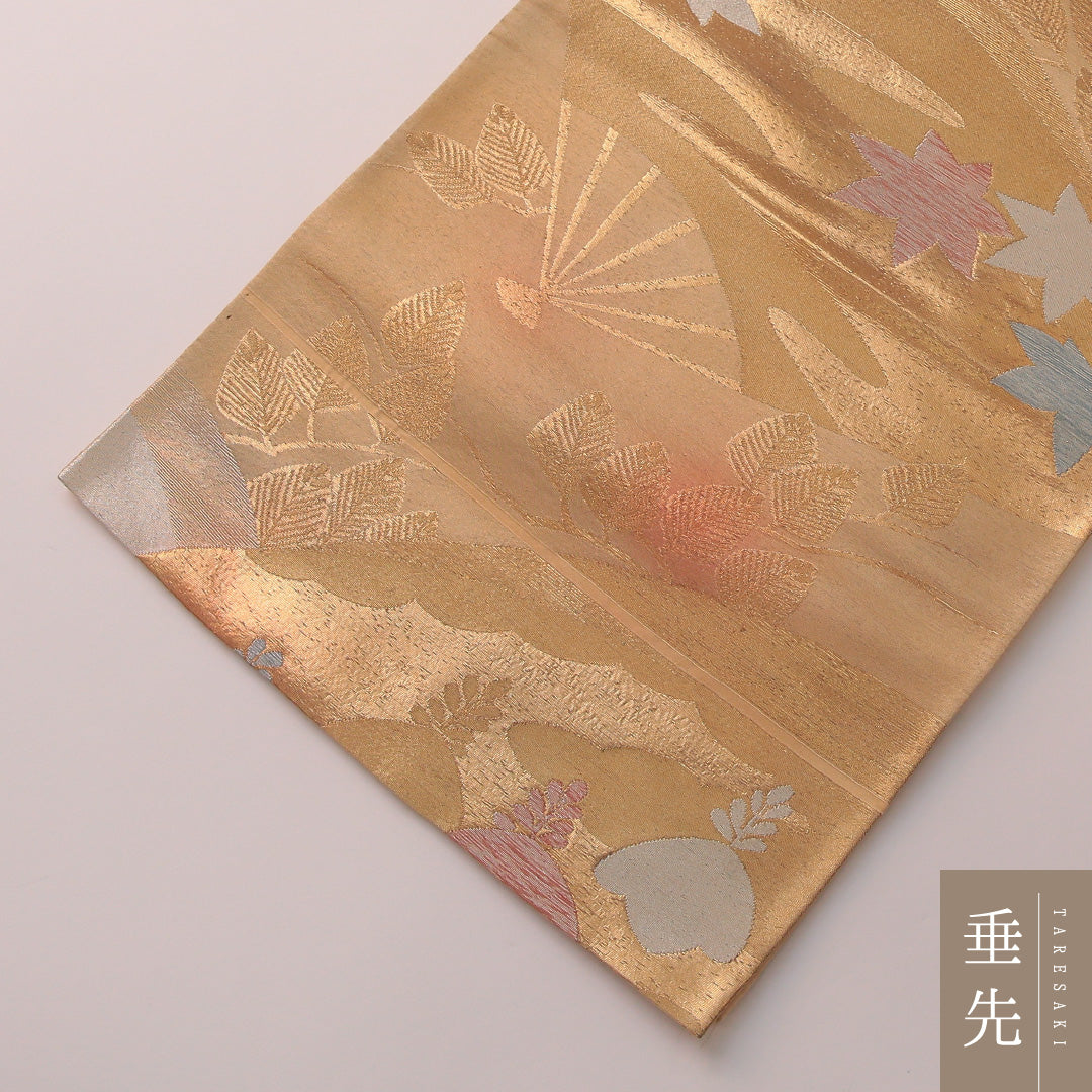 袋帯 帯丈408cm フォーマル 六通 Cランク 正絹 扇 紅葉 金系 1223-01887