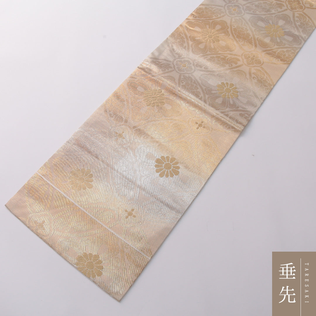 九寸名古屋帯 帯丈340cm セミフォーマル 名古屋仕立て 六通 Aランク 正絹 花菱 金系 1224-03205