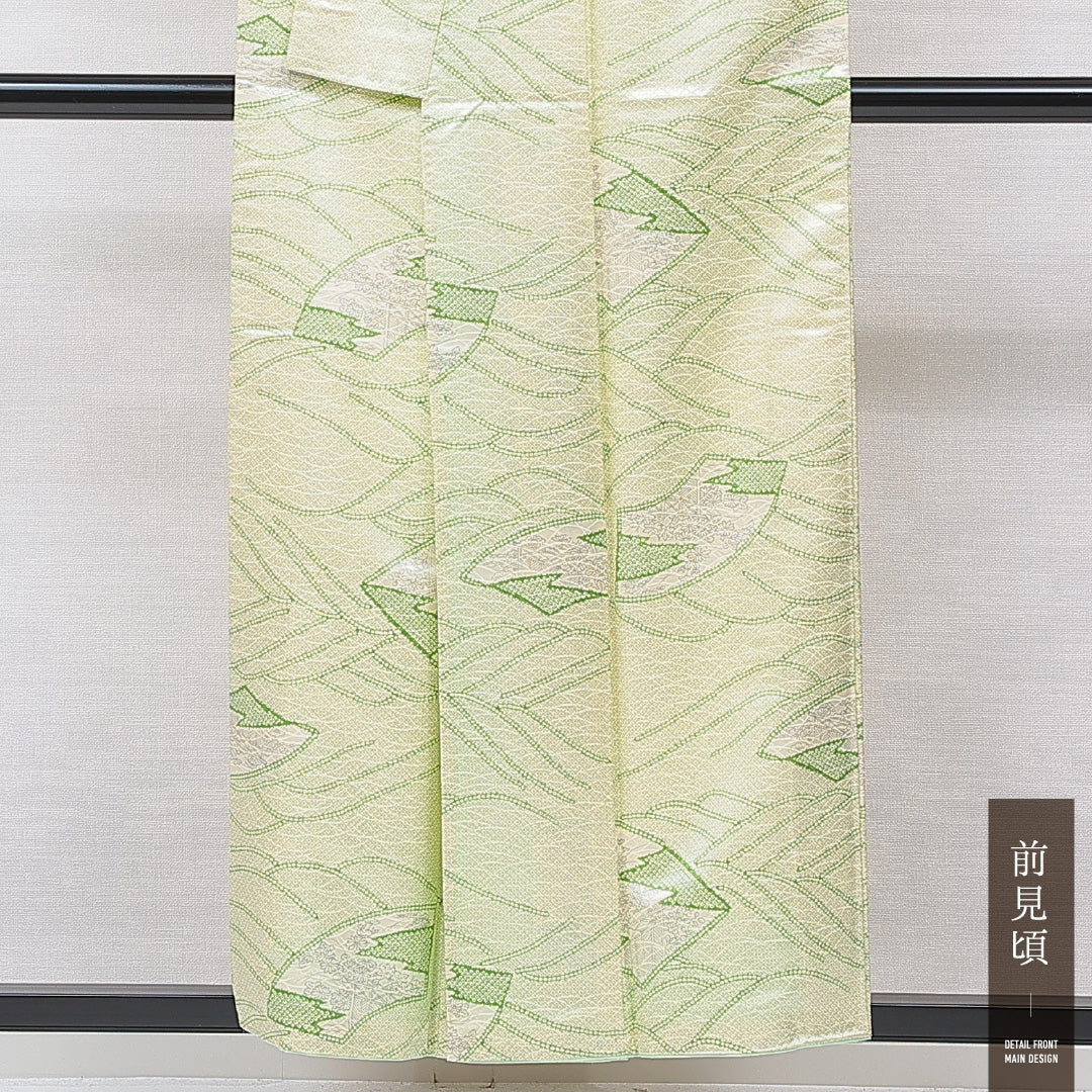 小紋 洗える着物 袷 身丈153cm 裄丈61cm ポリエステル Bランク Sサイズ 広衿 インフォーマル 古典柄 緑系 1215-15805