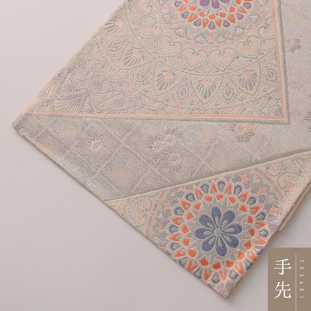 袋帯 帯丈428cm フォーマル 六通 未仕立て Aランク 正絹 唐草華文 扇 銀系 1223-01889