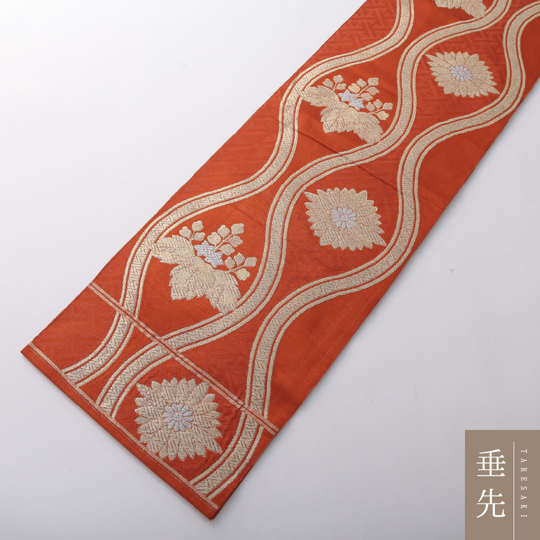 袋帯 帯丈408cm 正絹 六通 帯芯なし フォーマル 立涌 桐 吉祥文様 朱系 1243-02006