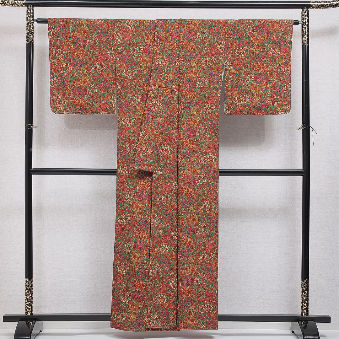 洗える着物 小紋 袷 身丈157cm 裄丈67cm ポリエステル Sランク インフォーマル 広衿 Mサイズ 更紗柄 多色系 RP 1221-16431