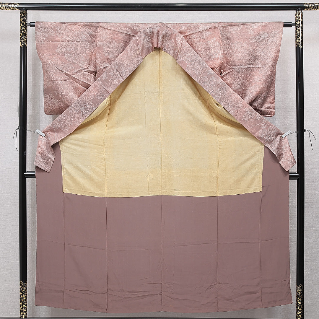 小紋 袷 身丈157cm 裄丈62cm 正絹 Cランク インフォーマル 広衿 Mサイズ 菊 ピンク系 LP 1221-15514