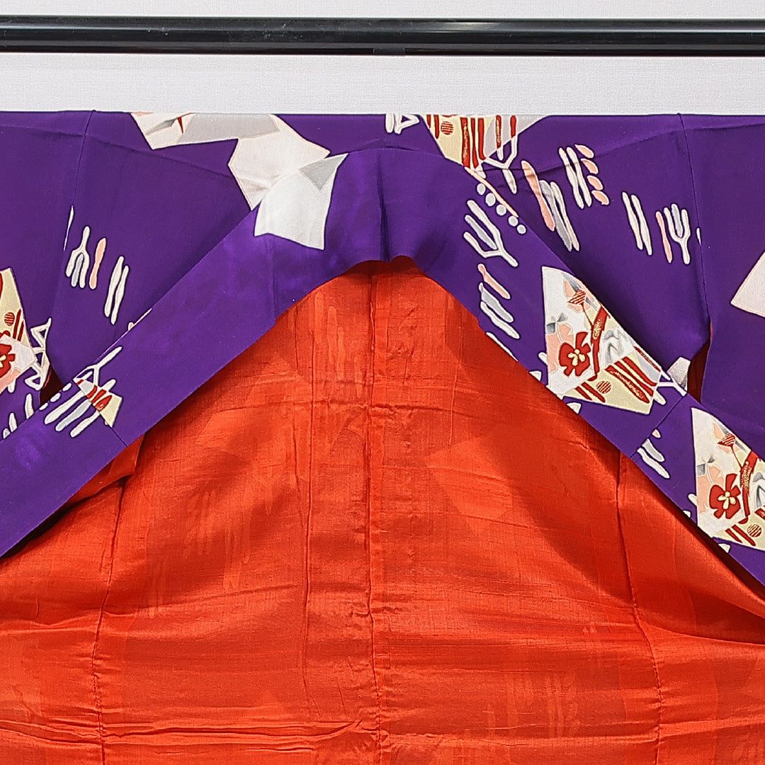 アンティーク 小紋 袷 身丈145cm 裄丈64cm 正絹 Bランク XSサイズ 広衿 創作柄 金彩 紫系 1215-15606