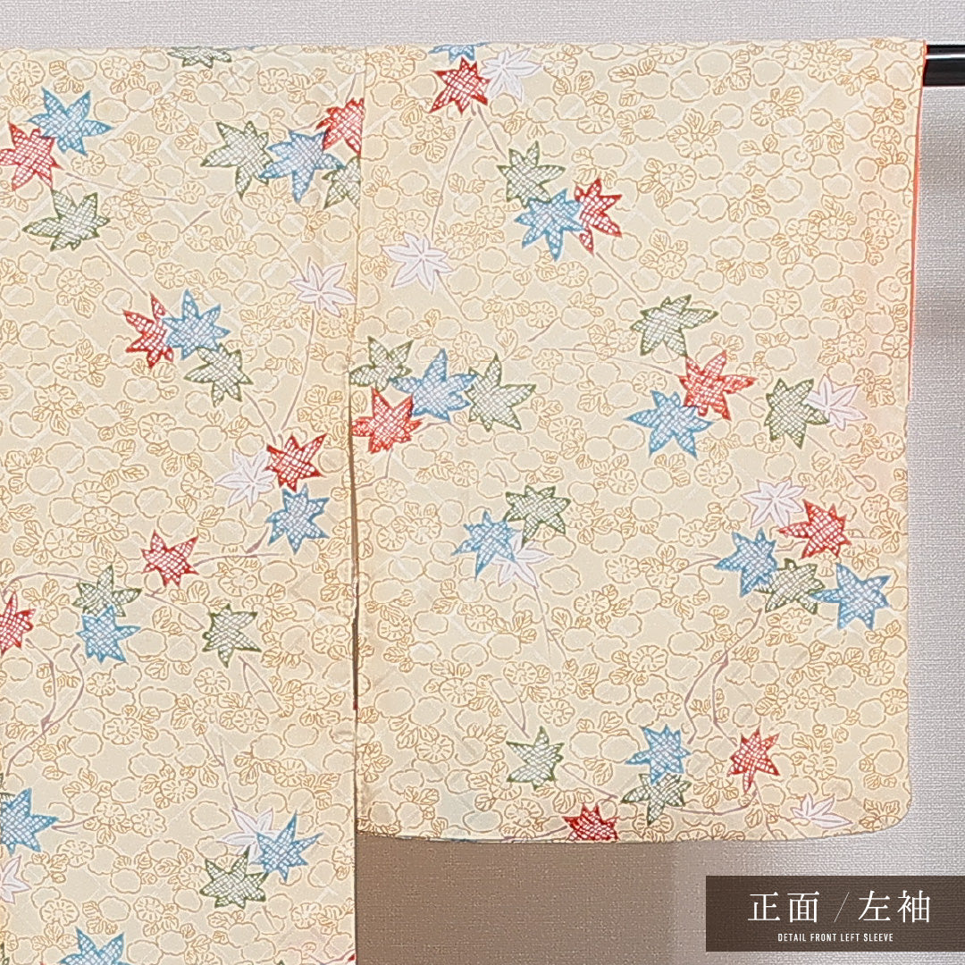 洗える着物 小紋 袷 身丈157cm 裄丈64cm ポリエステル Aランク インフォーマル 広衿 Mサイズ 紅葉 楓 黄系 RP 1221-16352