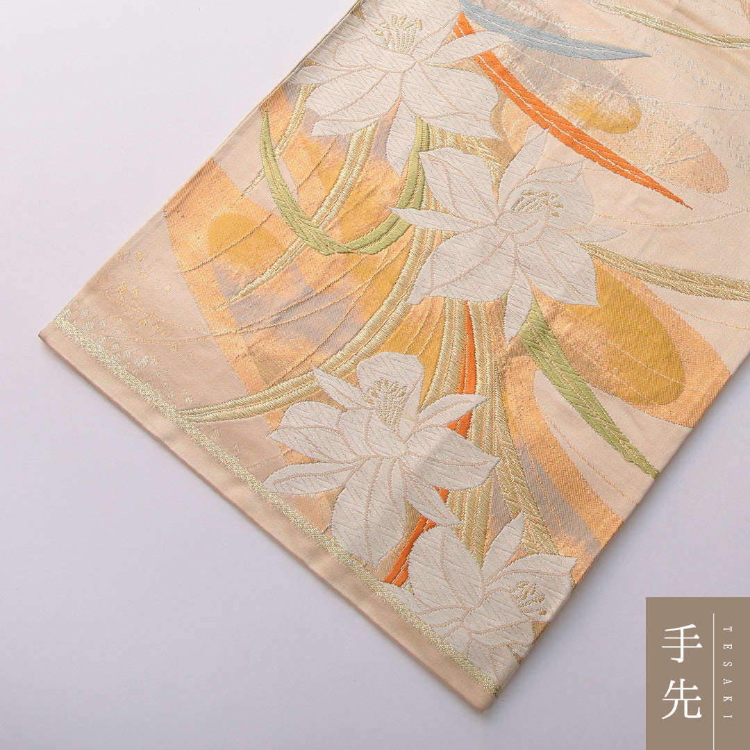 袋帯 帯丈428cm フォーマル 六通 Aランク 正絹 水仙 クリーム系 1223-01978