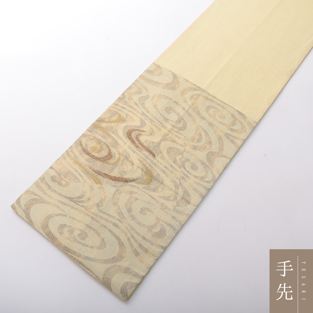 袋帯 帯丈442cm セミフォーマル 六通 Sランク 正絹 渦巻 クリーム系 1223-02080