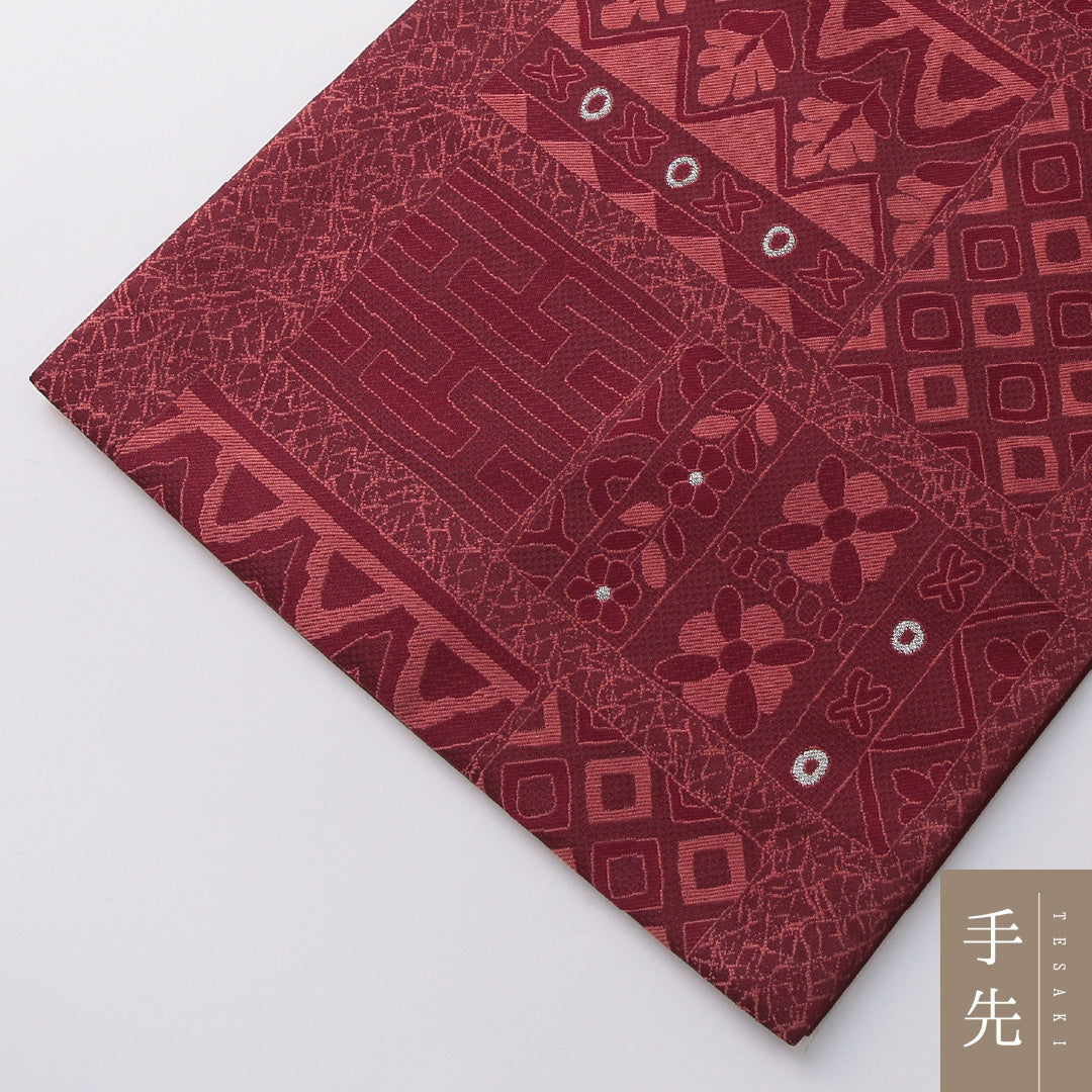 袋帯 帯丈436cm セミフォーマル 六通 帯芯なし Sランク 正絹 幾何学柄 赤系 1223-01973