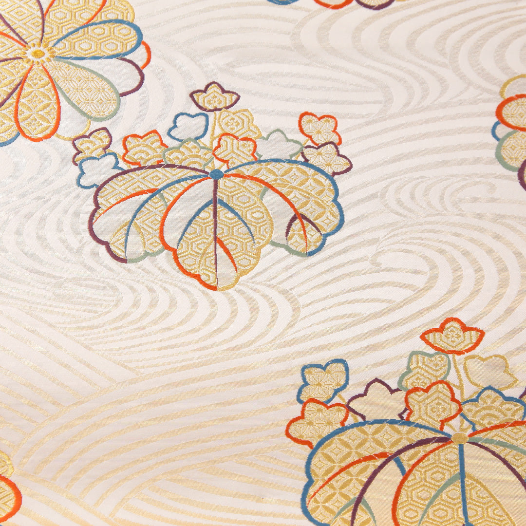 未使用品 袋帯 帯丈436cm 正絹 六通 フォーマル 家紋柄 荒磯 菊 桐 クリーム系 1243-02302