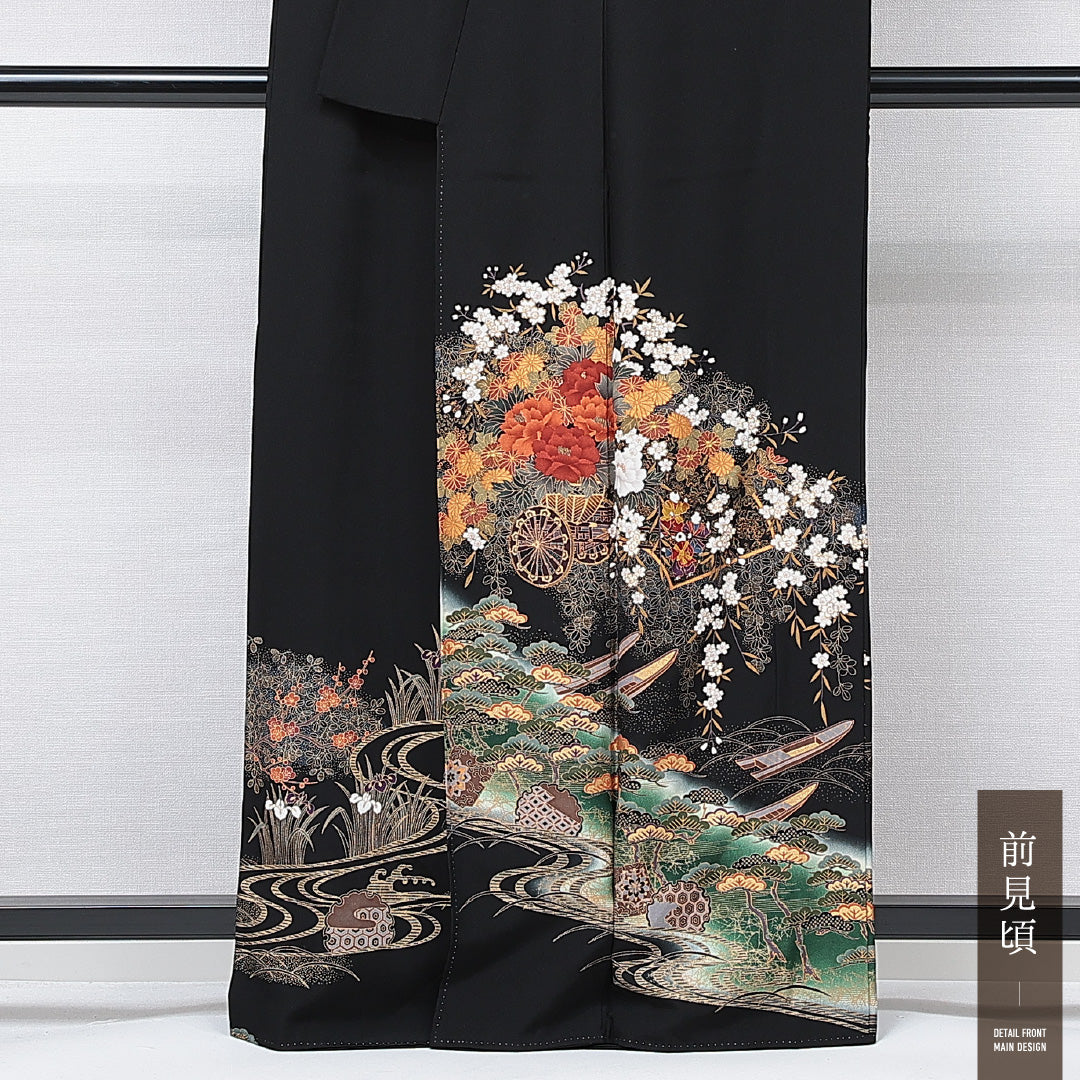 黒留袖 袷 身丈162cm 裄丈64cm 五つ紋 五三桐 フォーマル Sランク Lサイズ 正絹 比翼仕立て 広衿 花車 菊 1211-F0659