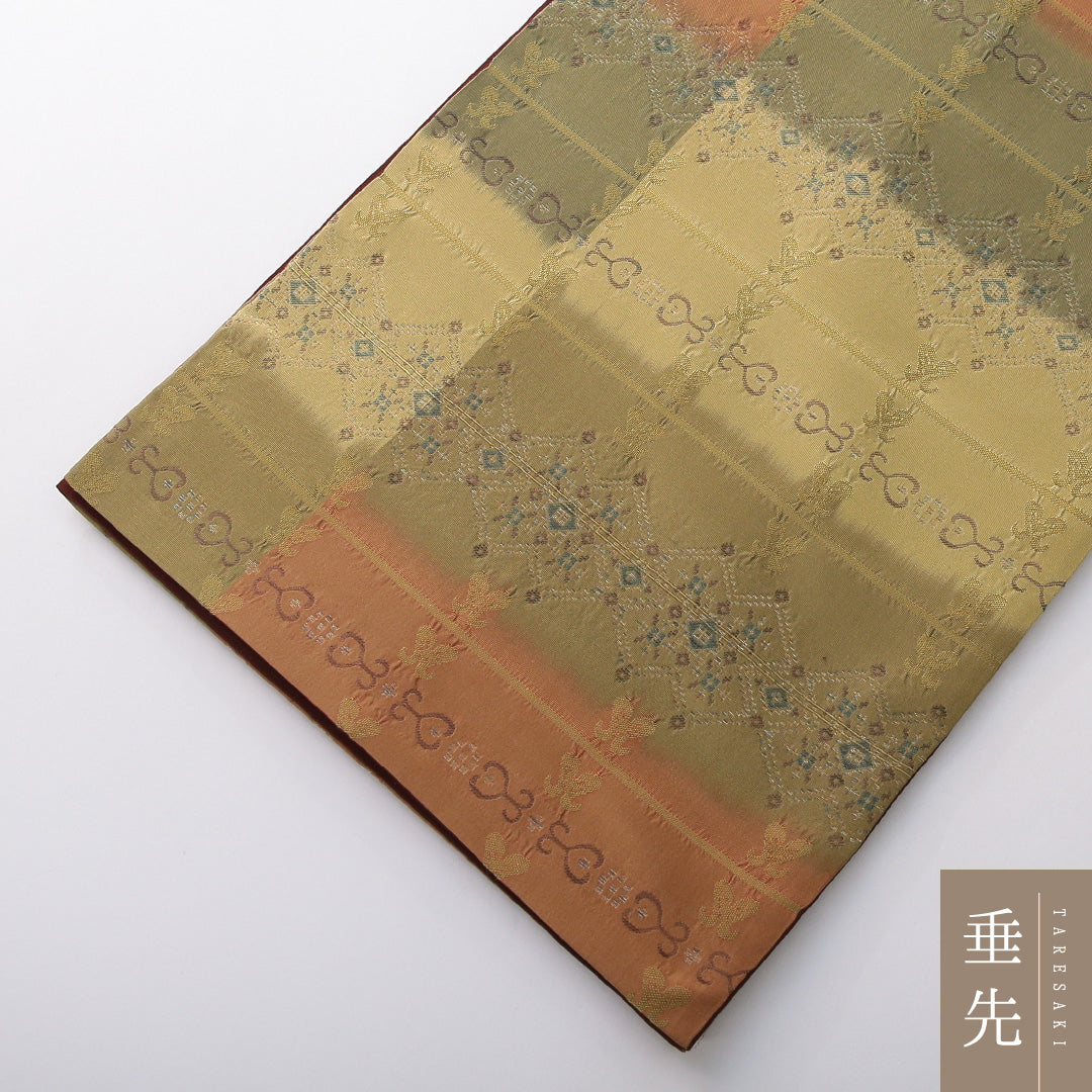 袋帯 帯丈422cm 正絹 全通 セミフォーマル アラベスク段文 名物裂 緑系 多色系 1243-02106