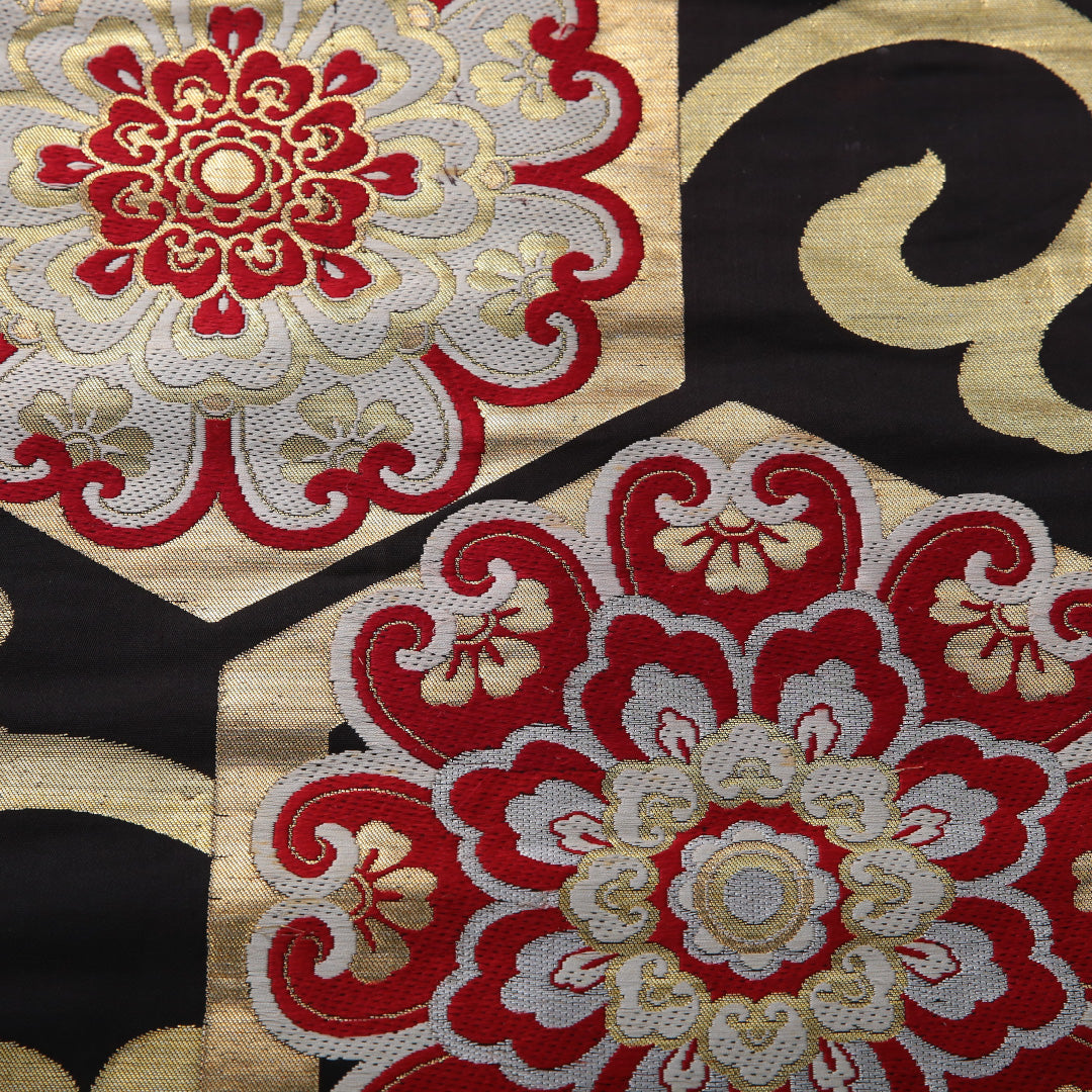 アンティーク 九寸名古屋帯 帯丈332cm セミフォーマル 名古屋仕立て 六通 Bランク 正絹 唐草 亀甲 黒系 1224-03543