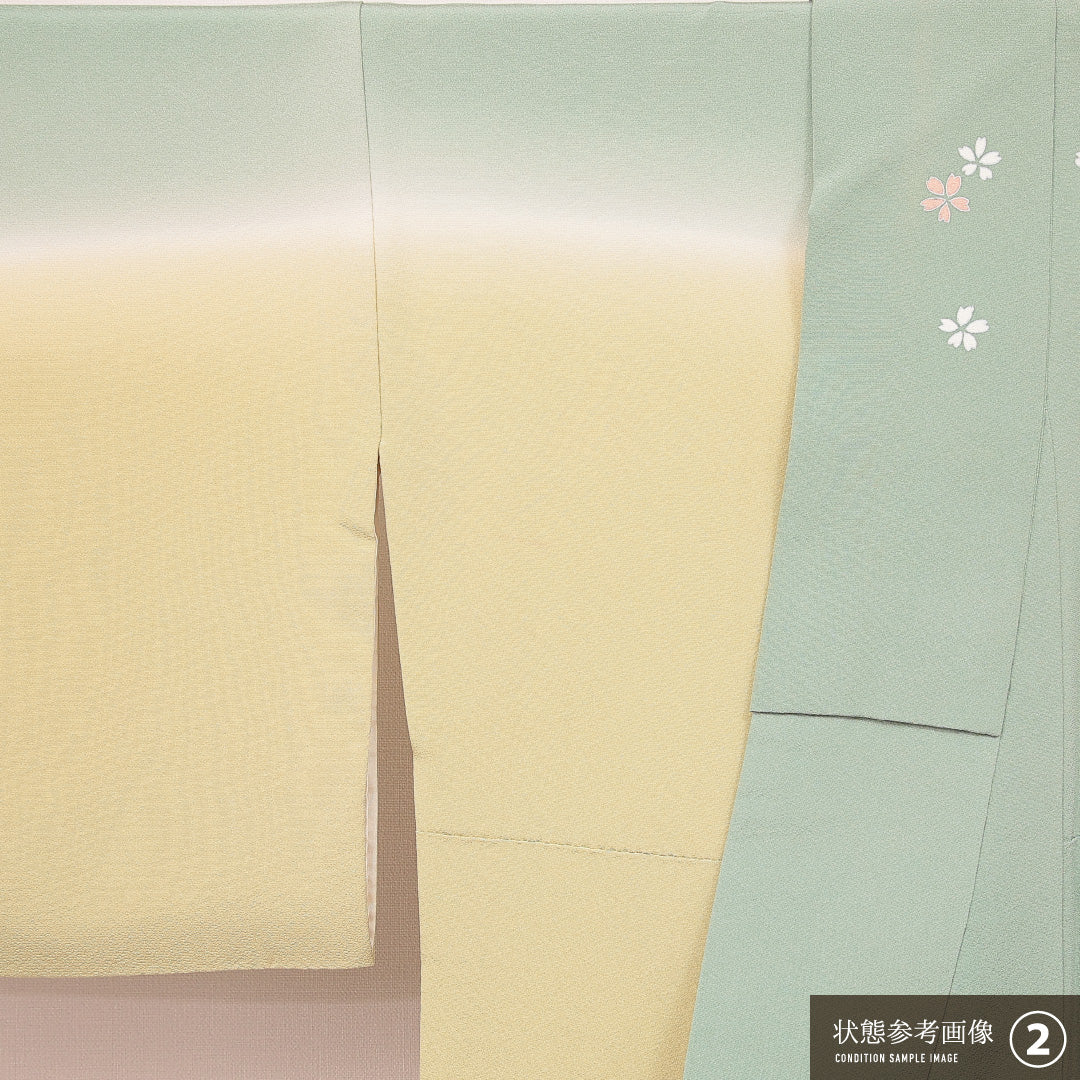 訪問着 袷 身丈159cm 裄丈65cm 正絹 Aランク Mサイズ 広衿 セミフォーマル 鶴 桜 緑系 1212-16892