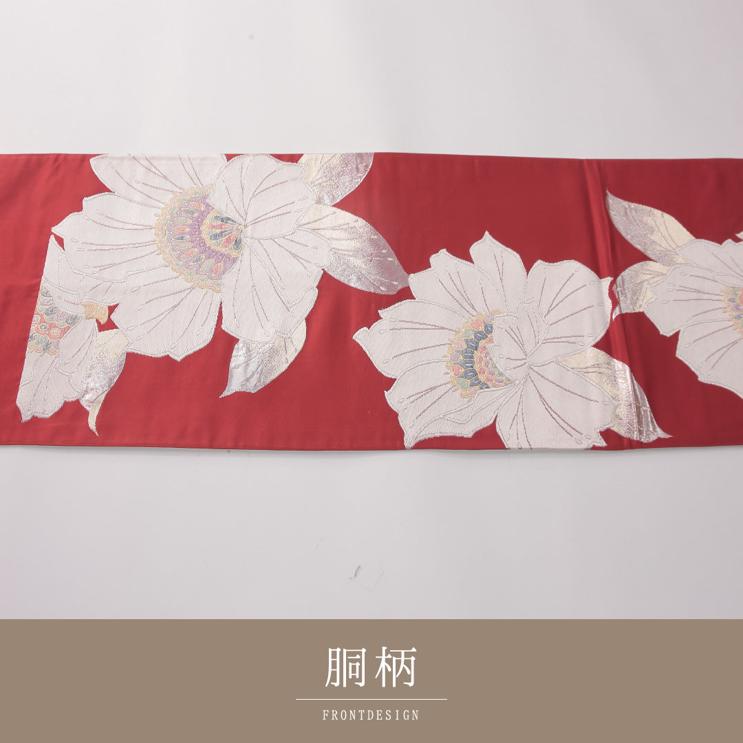 袋帯 帯丈446cm セミフォーマル 六通 Aランク 正絹 花柄 赤系 朱系 1223-02306