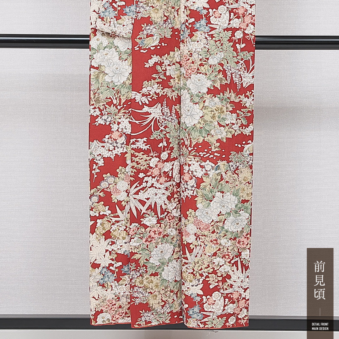 小紋 袷 身丈151cm 裄丈65cm 正絹 Sランク インフォーマル バチ衿 Sサイズ 花柄 牡丹 赤系 RP 1221-15045