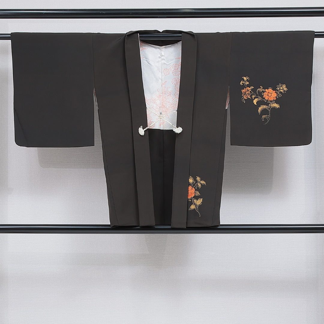 黒羽織 袷 身丈80cm 裄丈62cm 正絹 Sランク インフォーマル Sサイズ 紐あり 花柄 黒系 RP 1233-16138