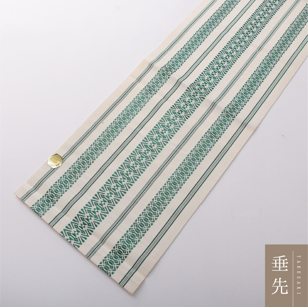 八寸名古屋帯 帯丈336cm カジュアル 松葉仕立て 全通 Bランク レーヨン 博多織 献上柄 証紙 クリーム系 1224-03431
