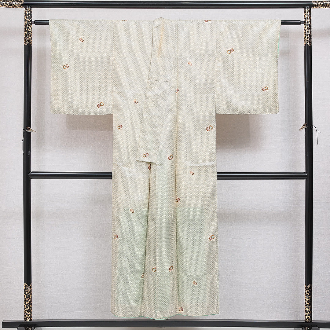 小紋 洗える着物 袷 身丈146cm 裄丈62cm ポリエステル Cランク XSサイズ 広衿 インフォーマル 鼓 青海波 緑系 1215-16316