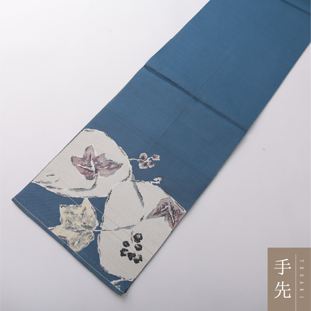 八寸名古屋帯 Aランク 帯丈364cm 正絹 六通 開き仕立て 織り カジュアル 花柄 植物柄 青系 LP 1245-03381