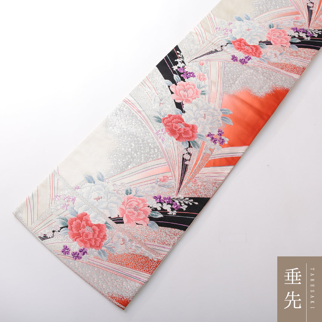 振袖用 袋帯 帯丈436cm 正絹 六通 花柄 吉祥文様 クリーム系 1243-02153