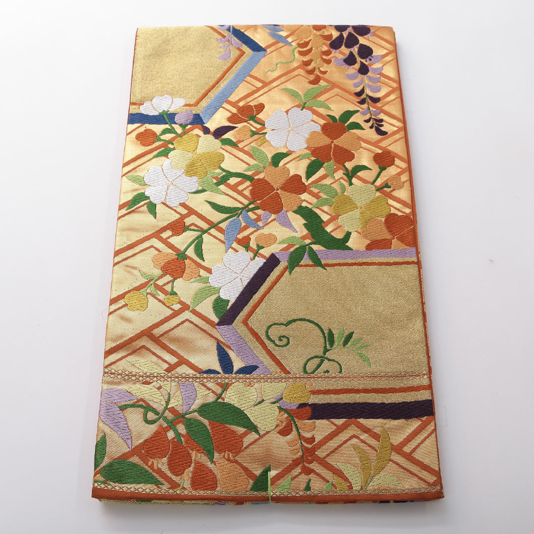 新古品 袋帯 帯丈428cm 珀寿錦 セミフォーマル 六通 Nランク 正絹 植物柄 落款 しつけ糸 青系 1223-02082