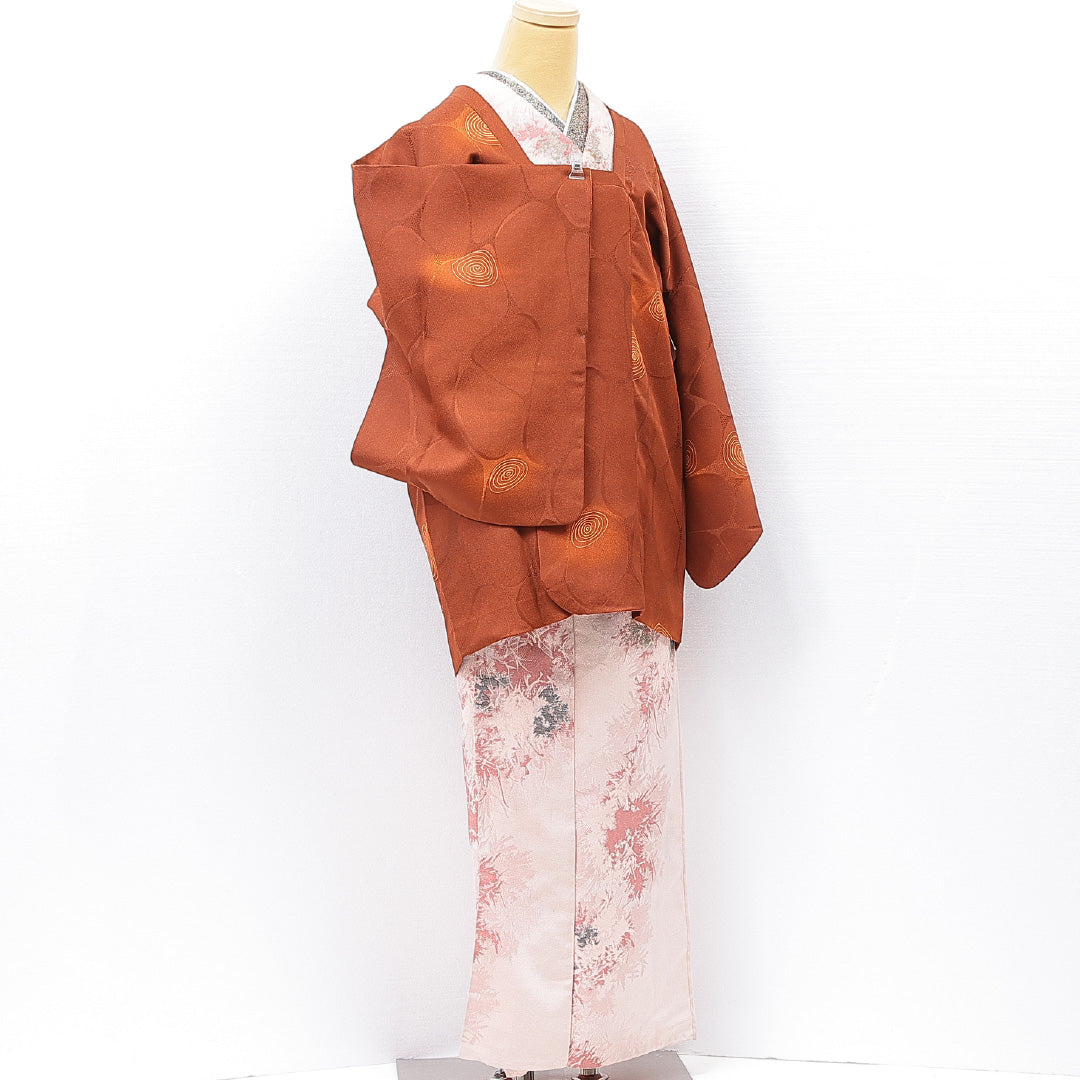 道行コート 袷 身丈82cm 裄丈64cm 正絹 Sランク セミフォーマル Mサイズ ポケットあり 抽象柄 茶系 RP 1237-15139
