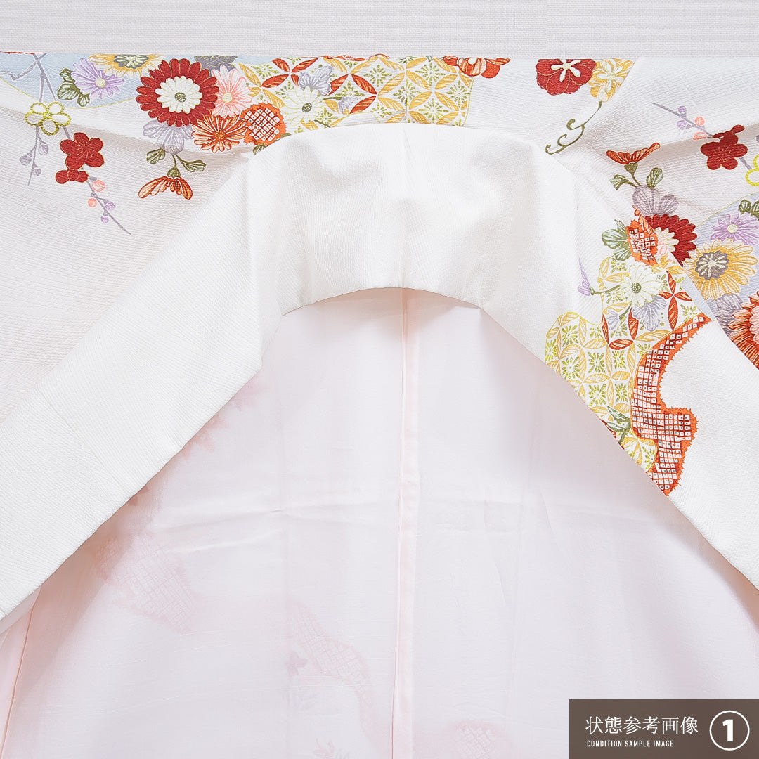 訪問着 洗える着物 袷 身丈158cm 裄丈64cm ポリエステル Aランク Mサイズ 広衿 セミフォーマル 吉祥文様 白系 1212-16264