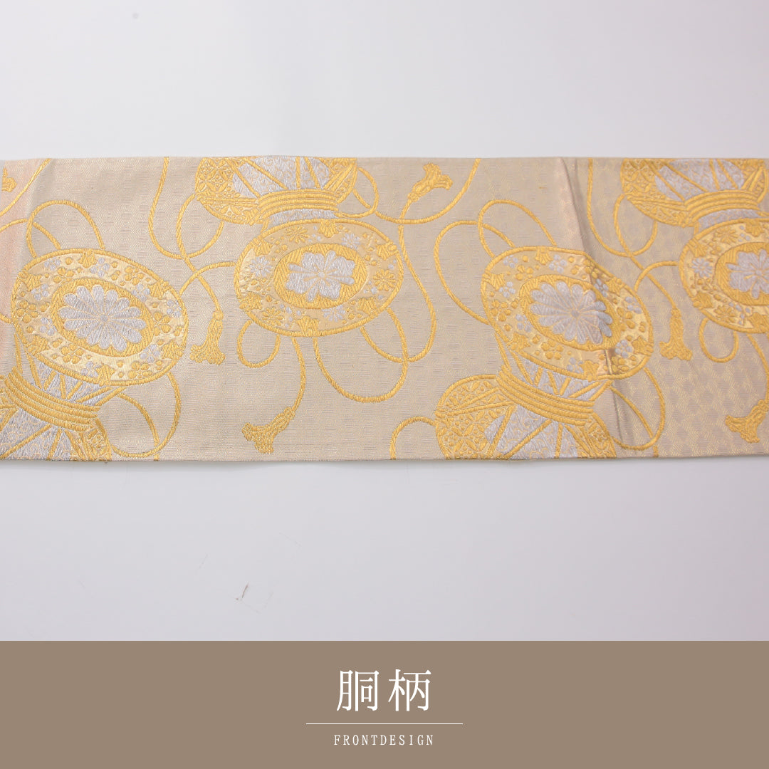 アンティーク 袋帯 帯丈416cm 六通 未仕立て 帯芯なし Aランク 正絹 鼓 金系 クリーム系 1223-02322