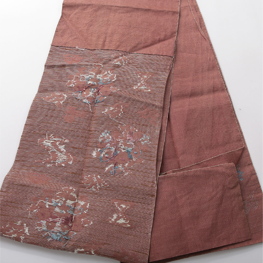 八寸名古屋帯(紬) 帯丈345cm カジュアル 松葉仕立て 六通 Cランク 正絹 創作柄 ピンク系 1224-03713