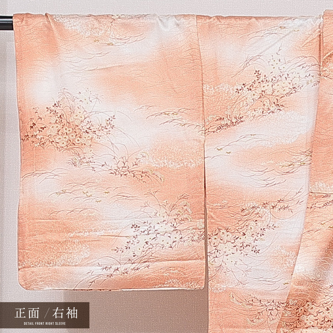 小紋 洗える着物 袷 身丈161cm 裄丈62cm ポリエステル Sランク Lサイズ 広衿 インフォーマル 菊 朱系 1215-15812