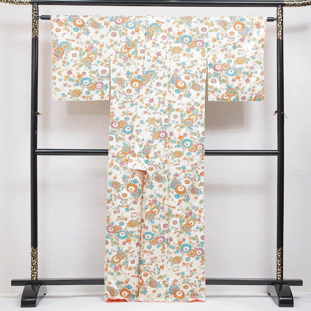 洗える着物 小紋 袷 身丈165cm 裄丈65cm ポリエステル Cランク インフォーマル 広衿 XLサイズ 菊 クリーム系 LP 1221-15954