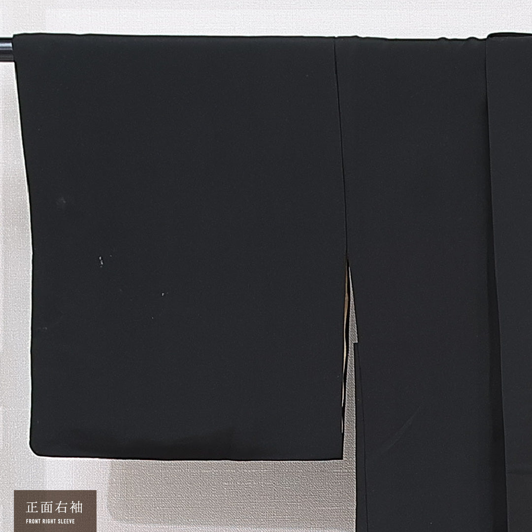 黒羽織 袷 身丈82cm 裄丈62cm 正絹 Bランク 一つ紋 (五三桐) セミフォーマル Sサイズ 漆糸 紐あり 桔梗 黒系 RP 1233-15304