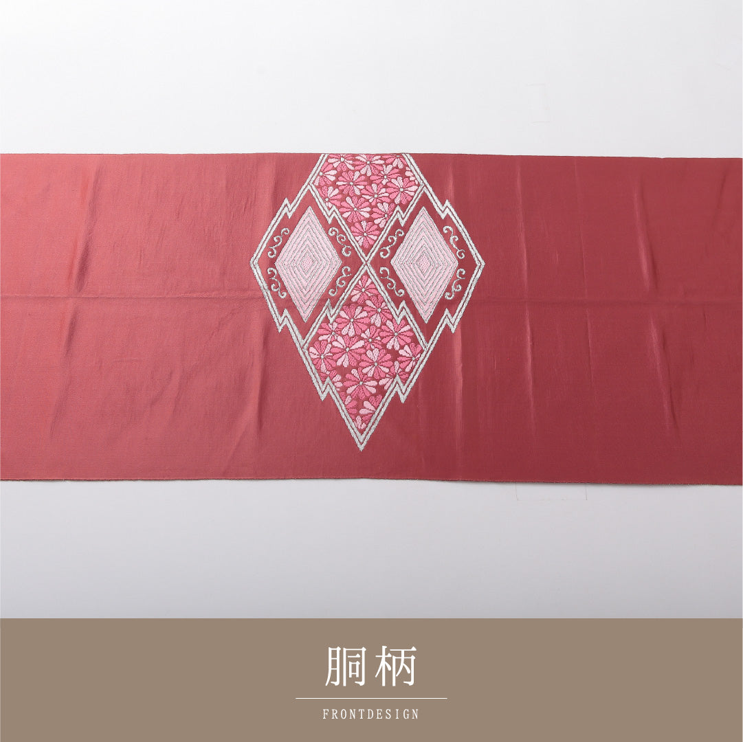 八寸名古屋帯 帯丈336cm セミフォーマル 松葉仕立て ポイント柄 Cランク 正絹 松皮菱 赤系 ピンク系 1224-03692